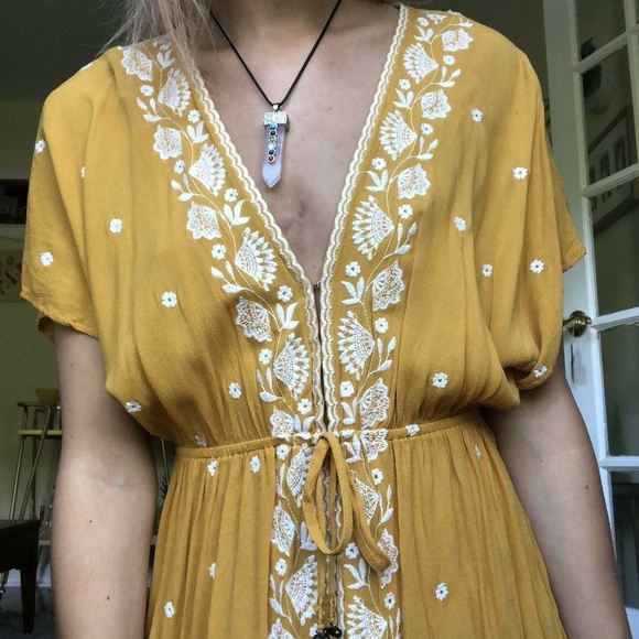 Love Tree Embroidered Mini Dress Bohemian Festival Drawstring Yellow Size S - Picture 11 of 12